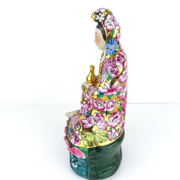 Vintage 11" Porcelain Guanyin Statue TPC China Mid Century Kwan Yin Famille Rose - Picture 6 of 11